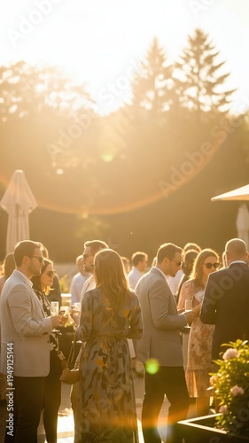 Millennial Professionals Networking at an Upscale Outdoor Corporate Summer Mixer during Golden Hour