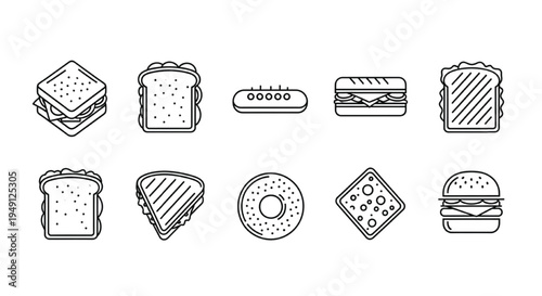 Sandwich Fast Food Line Icons Set with Burger Bagel Toast and Sub Sandwich