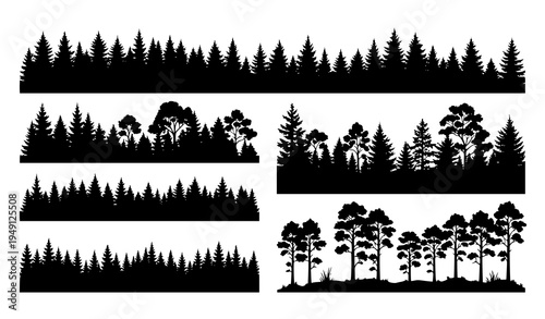 Forest Tree Line Silhouette Set Woodland Nature Vector Collection