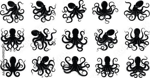 Octopus vector set, detailed octopus silhouettes with flowing tentacles marine sea creature collection black ink style illustration pack