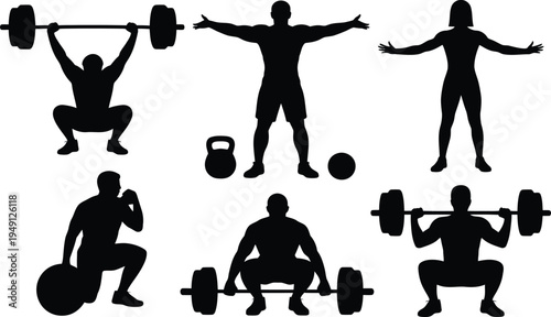 Silhouette of people performing various exercises with weights