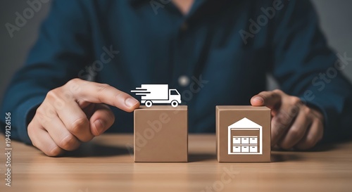 A person places a toy truck on a cardboard box next to another box with a house icon on a wooden table indoors.