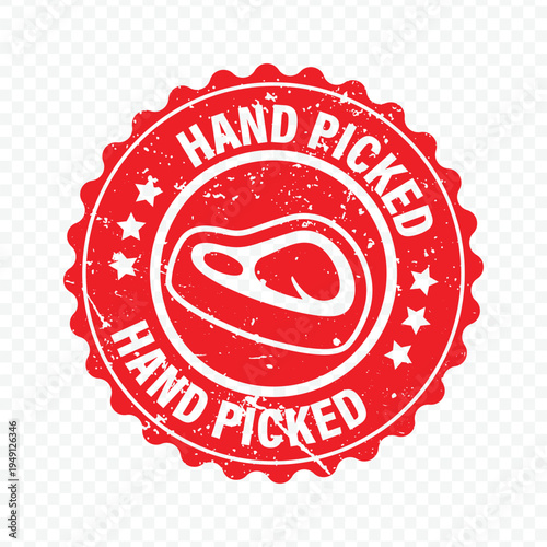 Hand picked red label meat grunge stamp isolated on white background for premium butcher shop.