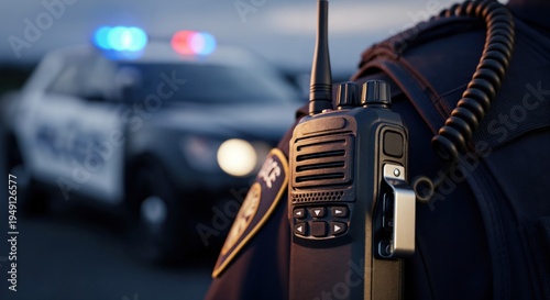 Police Officer Using Portable Radio for Emergency Dispatch Communication at Night