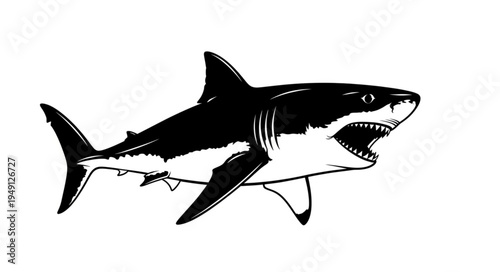 Monochrome Illustration of a Great White Shark with Open Jaws.