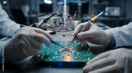 Skilled engineers or scientists meticulously assembling and testing complex electronic circuit boards in a high-tech laboratory for advanced technological development and research