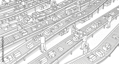 Detailed Line Art of a Crowded Industrial Conveyor Belt System.