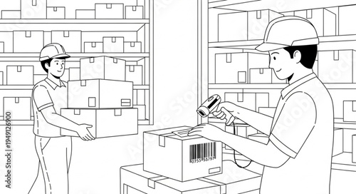 Warehouse Workers Scanning and Moving Boxes in a Warehouse.