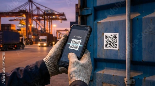 Scanning a QR code on a shipping container at a port using a smartphone, symbolizing logistics and supply chain management