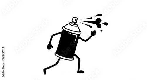 Cartoon Spray Can Character Running and Spraying Paint.