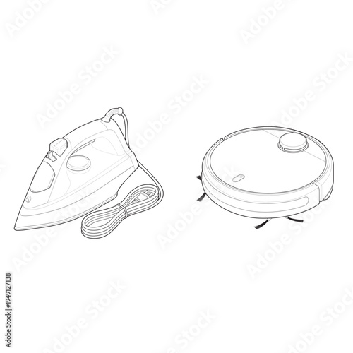 Isometric line illustration of steam iron and robot vacuum cleaner modern household cleaning appliances.