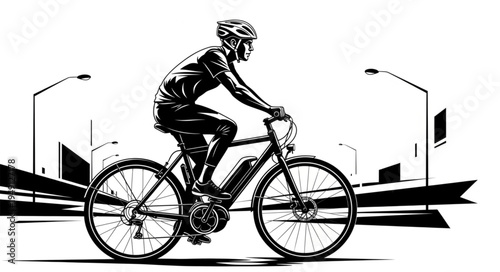 Cyclist Riding Electric Bike on City Street.