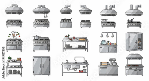 Commercial Kitchen Equipment Vector Set – Stainless Steel Restaurant Appliances and Professional Catering Cooking Tools Collection