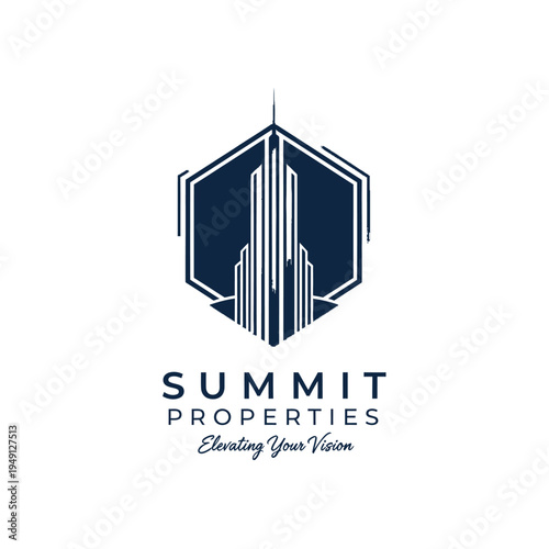 Modern Skyscraper Building within Hexagonal Frame Logo for Summit Properties and Tall Urban Real Estate Development on Isolated White Background