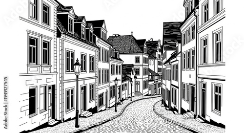 Detailed black and white sketch of a European city street.