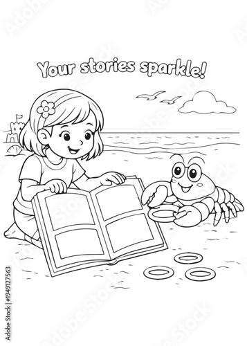 coloring book page girl reading a picture book aloud on the sand with lobster listening