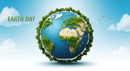 Earth day illustration globe surrounded by green foliage against a cloudy sky