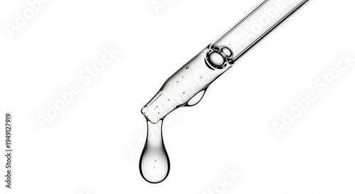 Clear liquid dropping from glass pipette with air bubbles on white background dropper