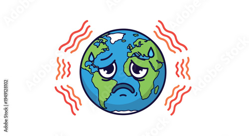 Cartoon illustration of a distressed Earth with a frowning face and sweat lines on a plain white background.