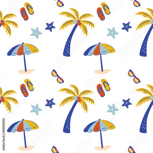 Colorful tropical beach seamless pattern with coconut tree,umbrella,flip flop, sunglass,starfish background. Summer coastal vector illustration design for summer, holiday, vacation,fabric, wallpaper.