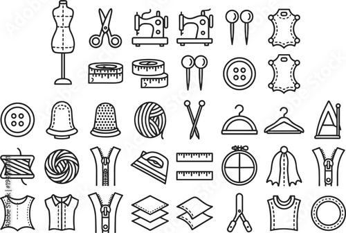 Sewing and tailoring icons set, fashion design tools collection, needle thread scissors mannequin, clothing pattern, textile craft equipment vector line symbols