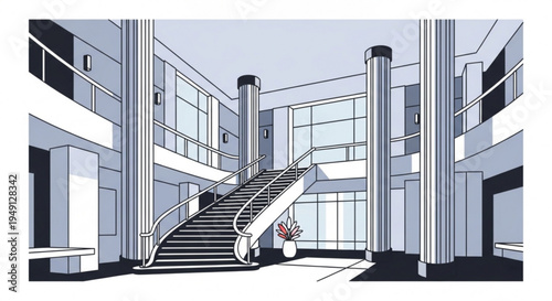 Modern office building interior with staircase and glass walls architectural design concept