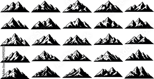 Collection of black and white mountain silhouettes in rows