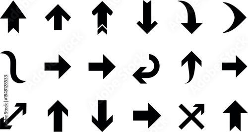 Collection of various black arrows on white background