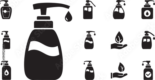 Black and white of hand soap bottles and dispensers with droplets and hands holding leaves soap dispenser