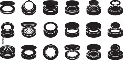 Black and white of various makeup compacts beauty cosmetics