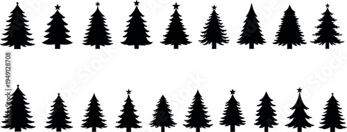 Black silhouettes of christmas trees on white background