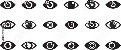 Black and white of various stylized human eyes with different iris and pupil stylized eyes symbols