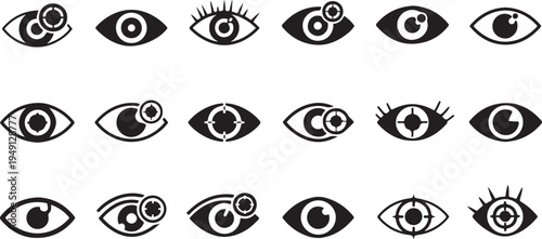 Black and white of various stylized eyes symbols vision