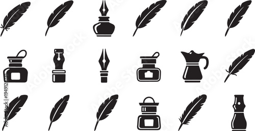 Black and white of writing utensils and inkwells feathers quills fountain pens
