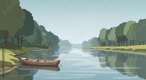 Serene river landscape with wooden boat on calm water surrounded by lush green trees and grassy banks under clear blue sky