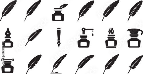 Black silhouettes of feathers and writing instruments on white background quills ink bottles fountain pens