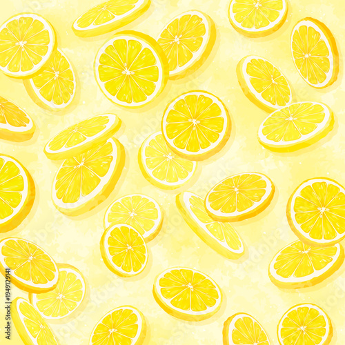 輪切りレモンの散らばる背景3_正方形