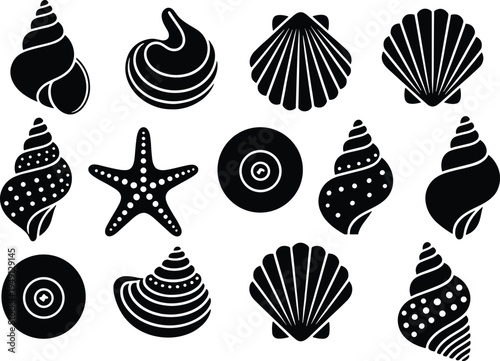 Collection of Black Seashell and Starfish Silhouettes Featuring Various Marine Snail Shells and Scallops for Coastal Decor Summer Beach Projects and Nautical Graphic Design