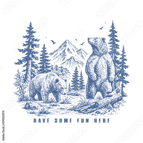 Vintage Grizzly Bear Mountain Landscape Illustration - Rustic Wildlife Nature Engraving