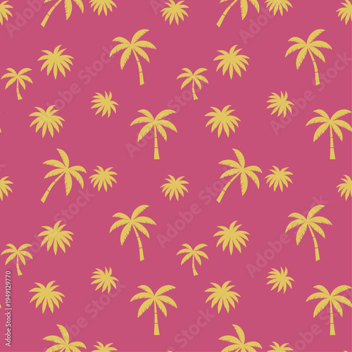 Vibrant magenta and gold palm tree seamless pattern, exotic tropical summer surface design.