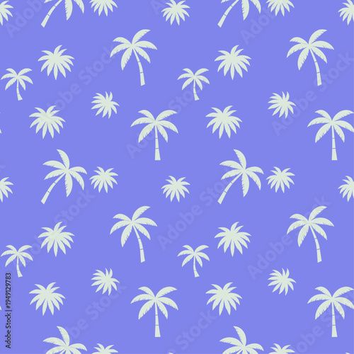 Seamless palm tree pattern on periwinkle blue background, tropical summer silhouette texture.