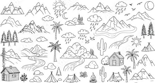 A collection of black and white line drawings of mountains trees and houses isolated on transparent background