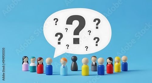A diverse group of people stand in a line facing a large speech bubble filled with question marks on a blue background, representing confusion or inquiry among them.