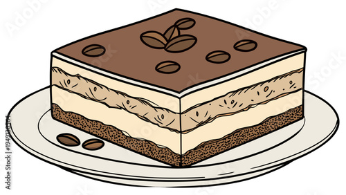 A vector graphic illustration of a slice of tiramisu on a plate