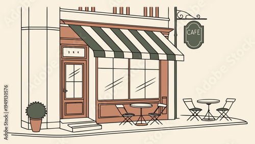 A minimalist vector illustration of a charming cafe with outdoor seating and a striped awning