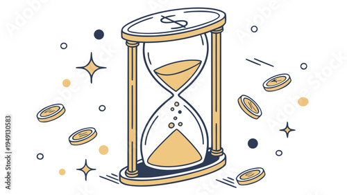 A vector graphic illustration of an hourglass with coins and stars, symbolizing time and money management.
