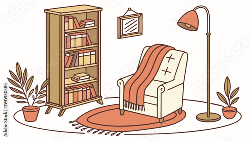 A cozy living room interior with a comfortable armchair, bookshelf, and floor lamp, illustrated in a warm and inviting flat design style.