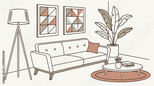 A minimalist line art illustration of a modern living room with a couch, coffee table, and lamp