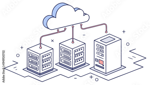A vector graphic illustration of cloud computing and data storage servers connected to a cloud