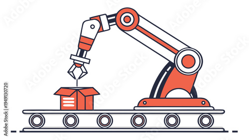 A robotic arm places a box on a conveyor belt in a factory setting with a minimalist design.